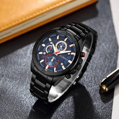 CURREN Men's Chrono Watch Gun Metal Steel Case Black Dial 3 Subdials Black Stainless Steel Case