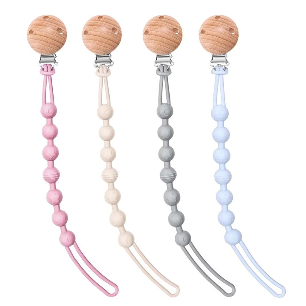LCHYI 4-Pack Silicone Pacifier Clip Holder with One Piece Design, Soft Flexible Binky Clips with Texture, Teethers Toys Clips, for Baby Boys and Girls (Style 1)