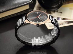 CURREN Mens Analog Watch Rose Gold Stainless Steel Case Black Dial Black Stainless Steel Bracelet, Black, bracelet