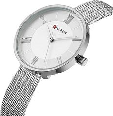 CURREN Ladies Analog Watch Silver Stainless Steel Case White Dial Silver Stainless Steel Bracelet