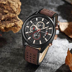 Curren 8290 Leather Round Analog-Chrono With Date Display Brown, Black Watch for Men