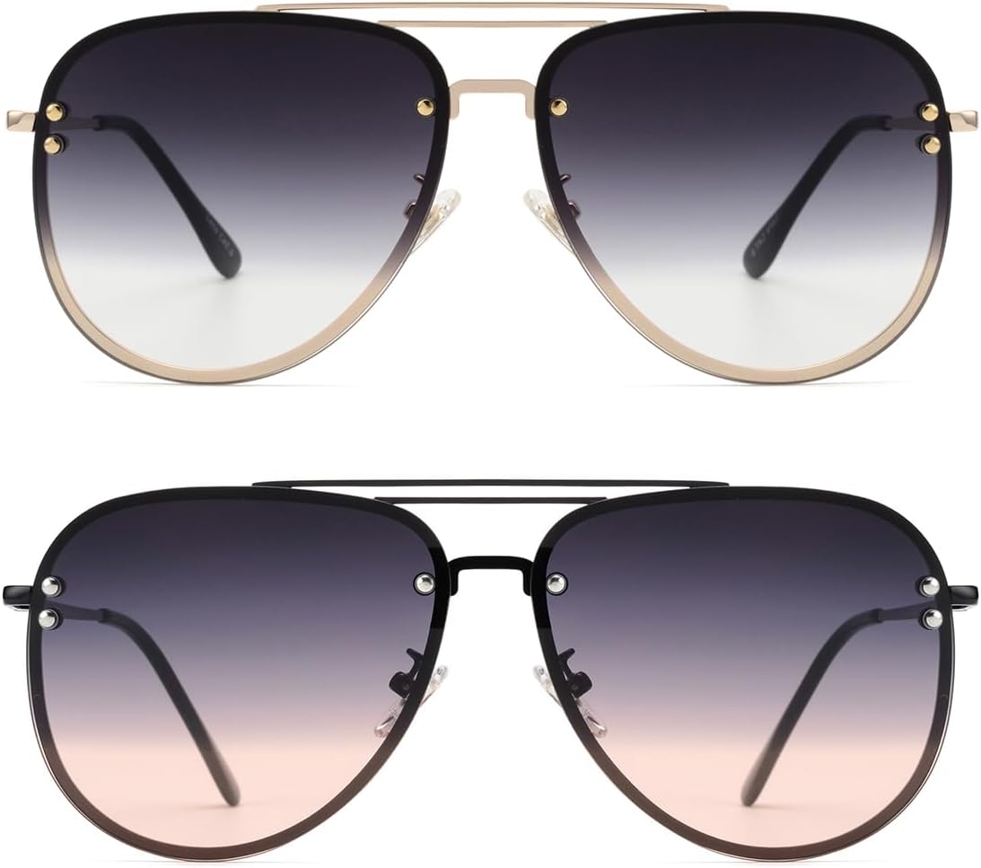 VIVIENFANG Premium Rimless Oversized Aviator Sunglasses for Women, Polarized PC Lens UV Protection Womens Shade VF2203