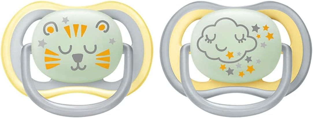 AVENT Philips Ultra Air Nighttime Pacifier - Pack of 2, BPA Free Breathable Glow in the Dark Pacifier for Babies 18+ Months, Includes Transport and Sterilization Box, Cloud/Tiger