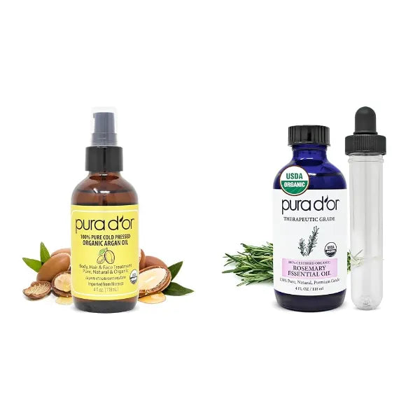 PURA D'OR Organic Argan Oil (4oz) & Rosemary Essential Oil (4oz) for Skin, Hair, Face, Body, Scalp & Nails