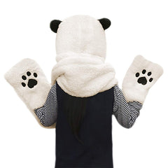 Women Girls Cute Animal Winter Hats,3 in 1 Warm Plush Hoodie Cap Paw Gloves Mitten Scarf Set - White Panda