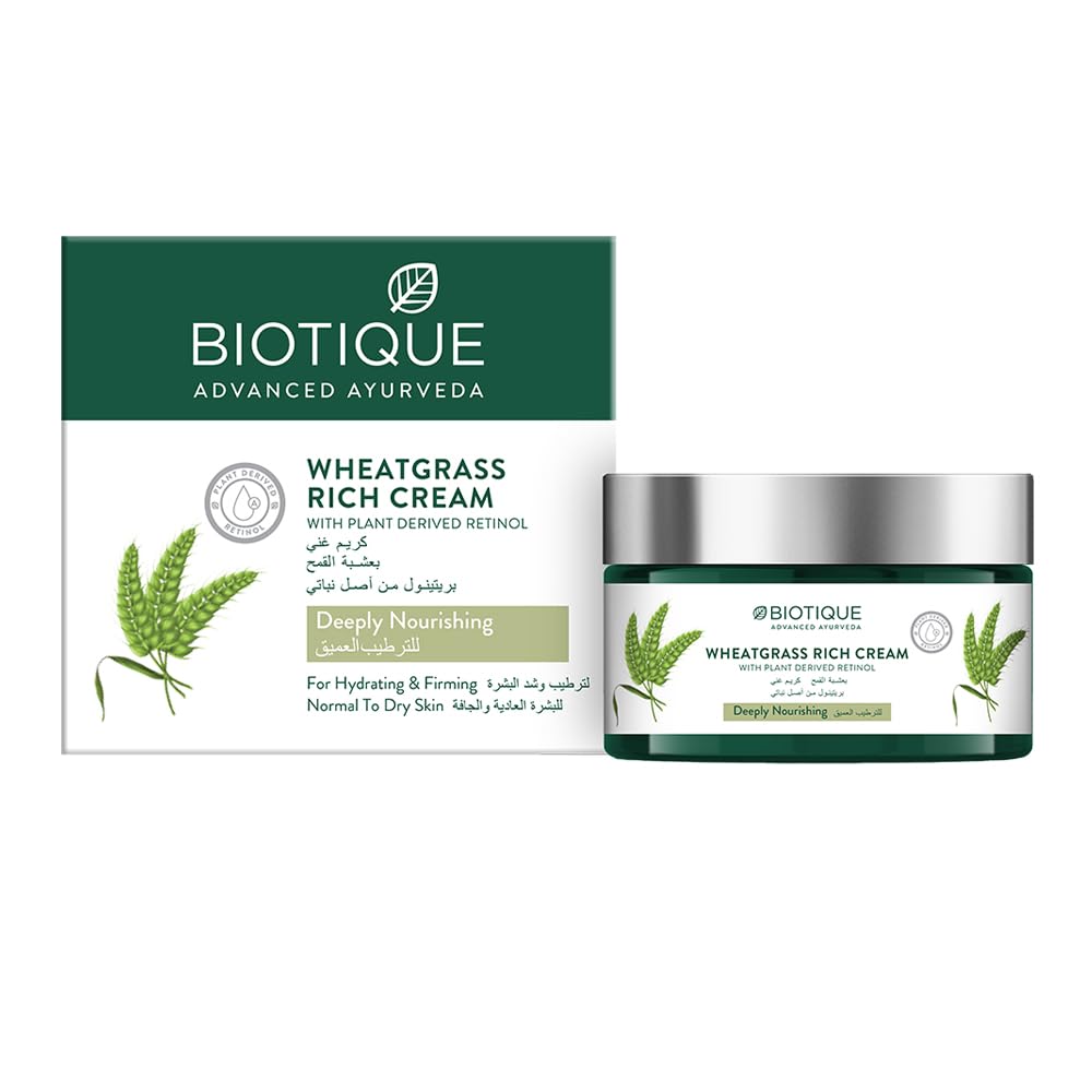 Biotique WHEATGRASS RICH CREAM WITH PLANT DERIVED RETINOL Deeply Nourishing For Hydrating & Firming Normal to Dry Skin-50gm
