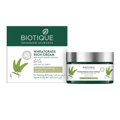 Biotique WHEATGRASS RICH CREAM WITH PLANT DERIVED RETINOL Deeply Nourishing For Hydrating & Firming Normal to Dry Skin-50gm