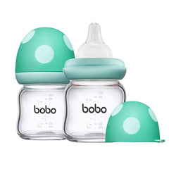 YOHKOH Natural Glass Baby Bottle with Natural Response , Newborn Anti-Colic Baby Bottle Gift Set, Wide Neck Mushroom Cap Baby Bottles, Clear (3.4oz (Pack of 2), Blue)