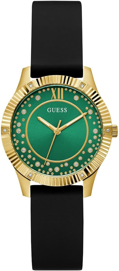 GUESS P GLD CS W/CRYS/SUN GREEN GLITZ DL/BLK SMTH SILICONE STRP