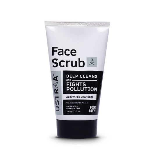 Ustraa Face Scrub for Men 100g–Activated Charcoal, Tahitian Volcanic Sand & Walnut Granules–Deep Cleansing, Exfoliating & Detox Face Scrub for Blackheads, Dead Skin & Pollution Control – For All Skin