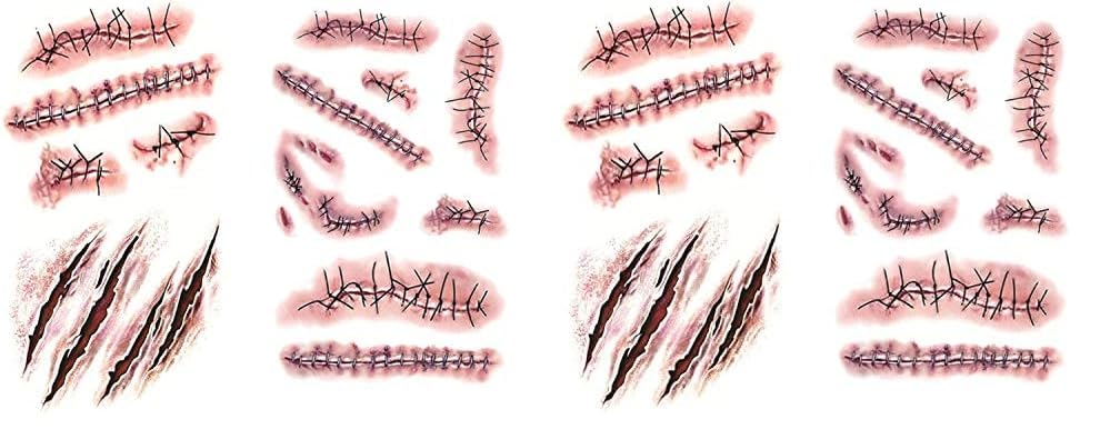 Halloween Zombie Scars Tattoos With Fake Scab Makeup Decoration Terror Wound Blood Injury Sticker (4 pack)