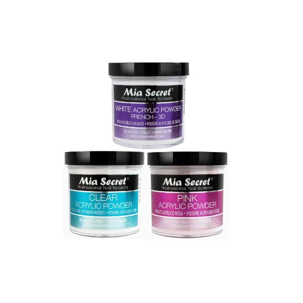 Mia Secret 4 oz Acrylic Powder 3pc Set Pink, Clear & White Made in USA