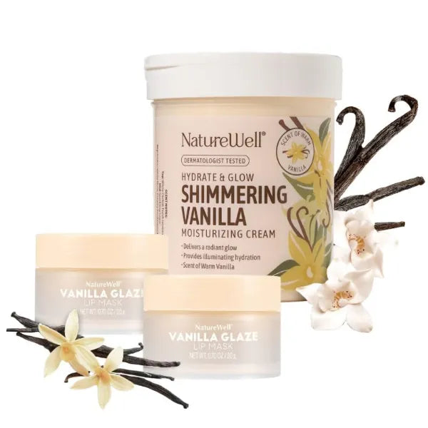 NATURE WELL Very Vanilla Bundle, Includes 16oz Shimmering Moisturizing Cream + 2 Pack Glaze Lip Mask