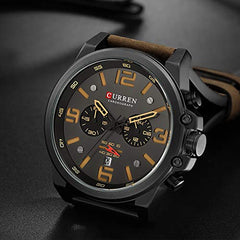 Luxus-Marke Herren Militär Stoppuhr Wasserdicht Leder Chronograph Armbanduhr Herren Mode Quarz Armbanduhr - Coffee color