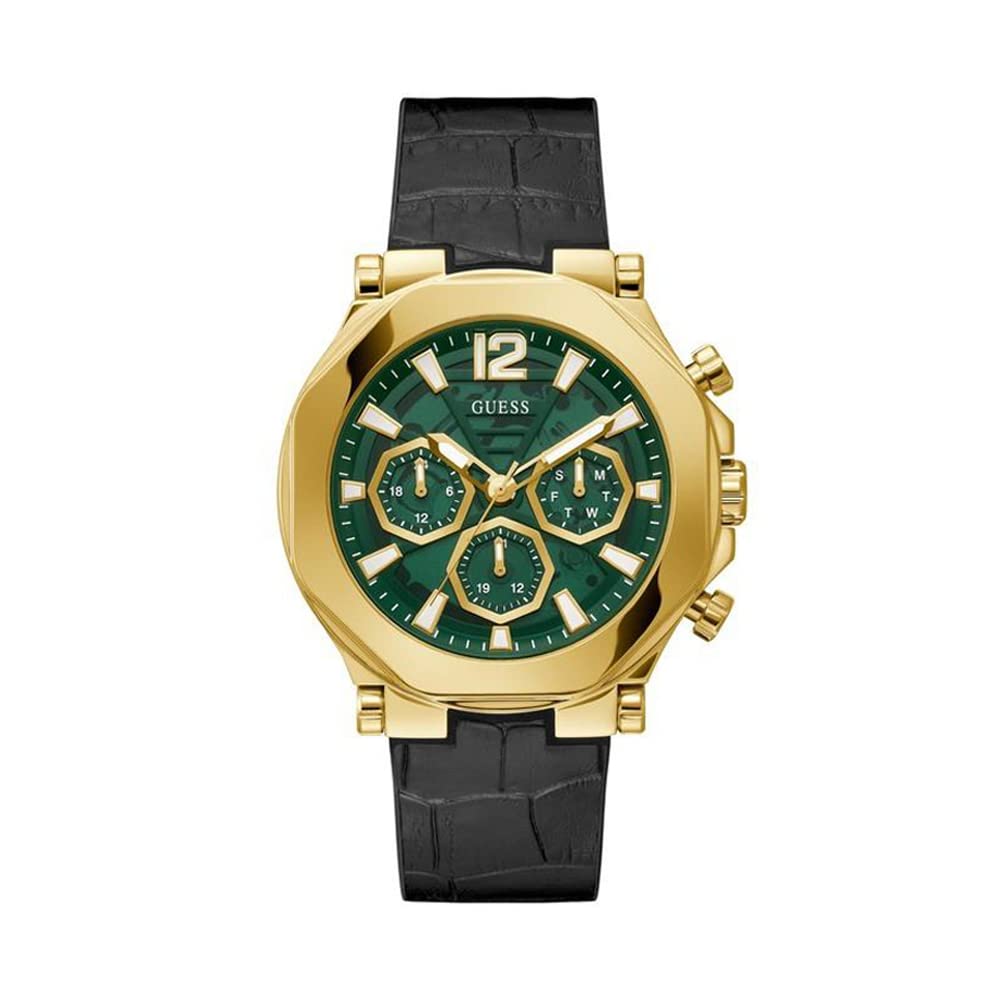 GUESS US Men's Gold-Tone and Black Croc Multifunction Watch