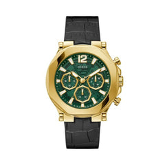 GUESS US Men's Gold-Tone and Black Croc Multifunction Watch