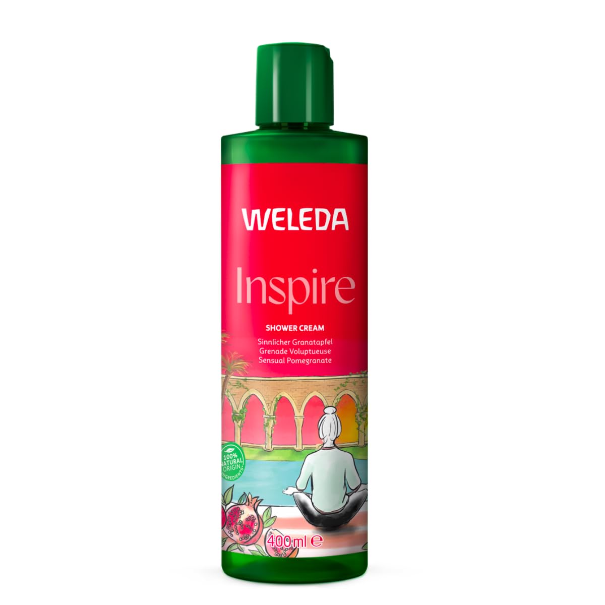 Weleda Bio Inspire Vegan Shower Gel XL - Natural Pomegranate Cosmetics for Women and Men with Orange/Vanilla Scent - Natural Skincare Bath Soap for Face and Body Cleansing (1 x 400ml)