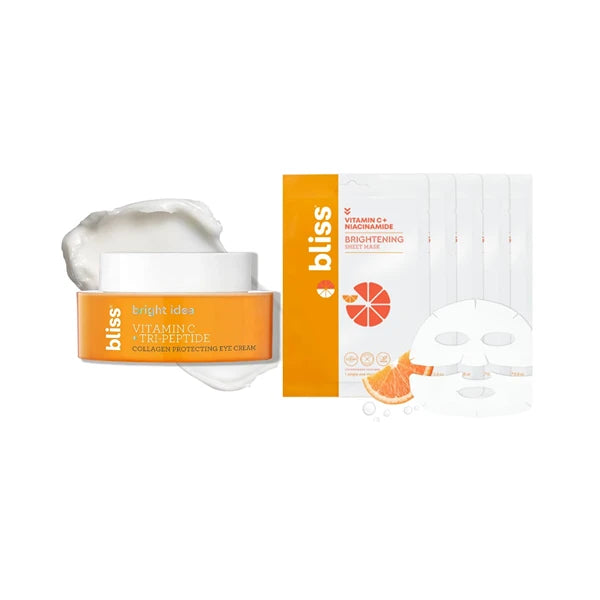 Bliss Vitamin C Radiance Eye & Face Set – Bright Idea Eye Cream with Tri-Peptides + 5-Pack of Vitamin C Sheet Masks – Brightening & Hydrating Skincare for Under Eyes and Full Face Glow