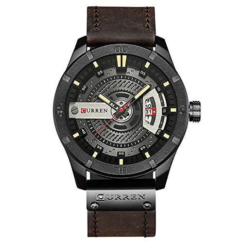 Curren 8301 Leather Round Analog With Date Display Brown, Black Watch for Men