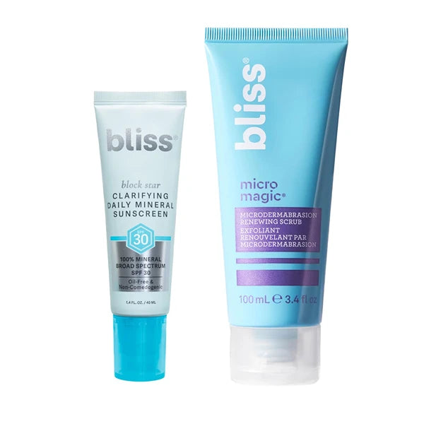 Bliss Exfoliate & Protect Set: Micro Magic Skin-Renewing Exfoliating Scrub (Packaging May Vary) + Block Star Clarifying Mineral Sunscreen SPF 30 for Oily and Acne-Prone Skin