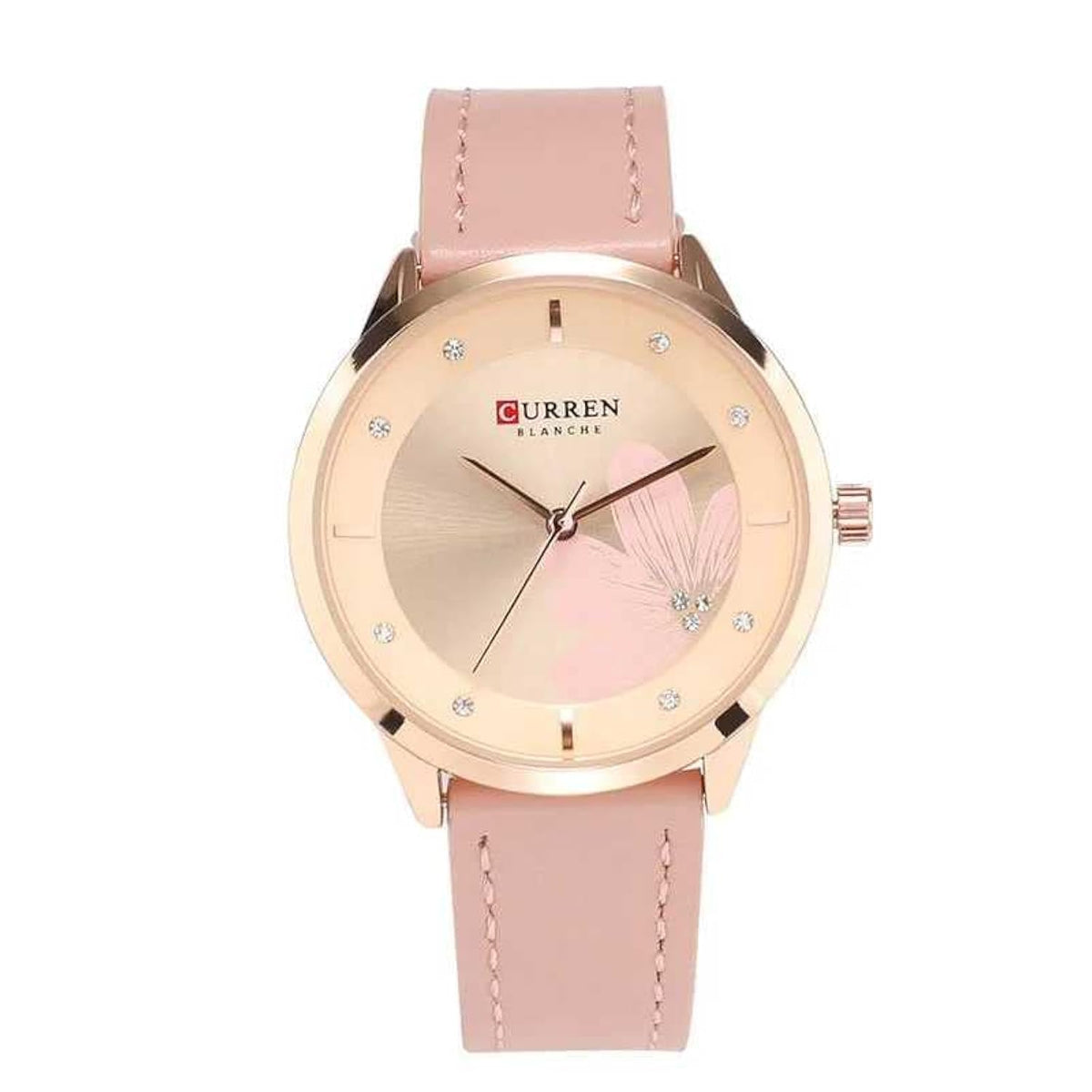 CURREN 9048 Top Brand Women Watch Quartz Watch Flower Pattern Dial Leather Strap Fashion Ladies Wristwatch - Pink