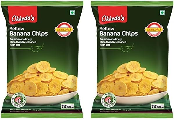 Chheda'S Banana Chips, Yellow, 170 Gm Fresh Banana Finely Sliced Fried & Seasoned With Salt | Authentic Indian Namkeen Traditional Snacks | 100% vegetarian (Pack of 2)