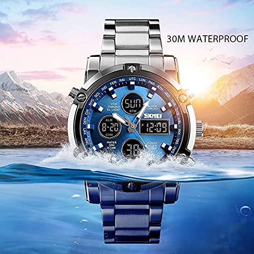 SKMEI Mens Wrist Watch,Stainless Steel Analog Digital Sport Wrist Watch for Men Blue, Blue, Digital