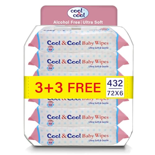 Cool & Cool Baby Wipes 72’s (Pack of 6) - Alcohol Free,Paraben Free,Vitamin E,Aloe Vera,Ultra Soft & Gentle for Sensitive & Delicate Skin - 432 Wipes