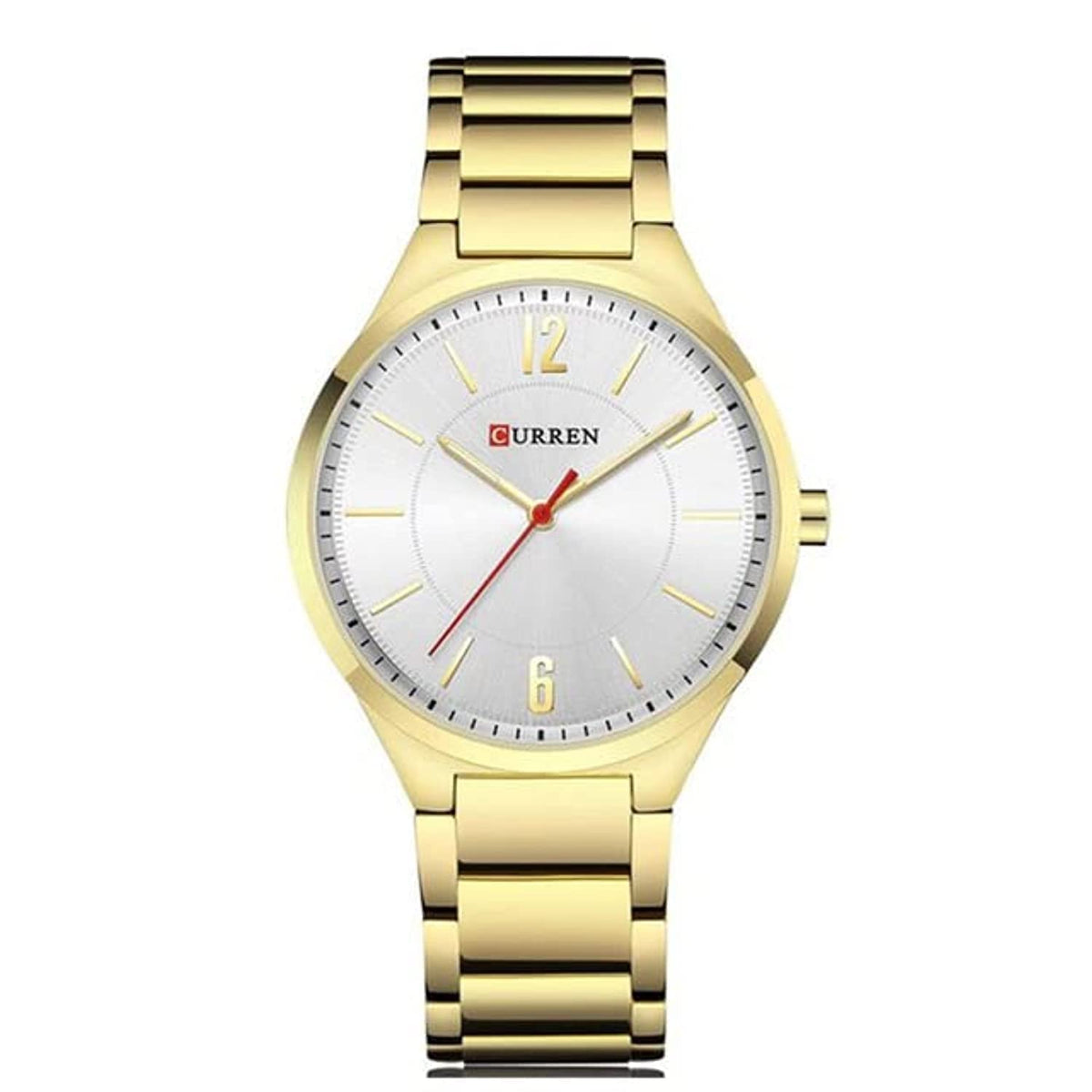 CURREN Mens Analog Watch Gold Stainless Steel Case Silver Dial Gold Stainless Steel Bracelet