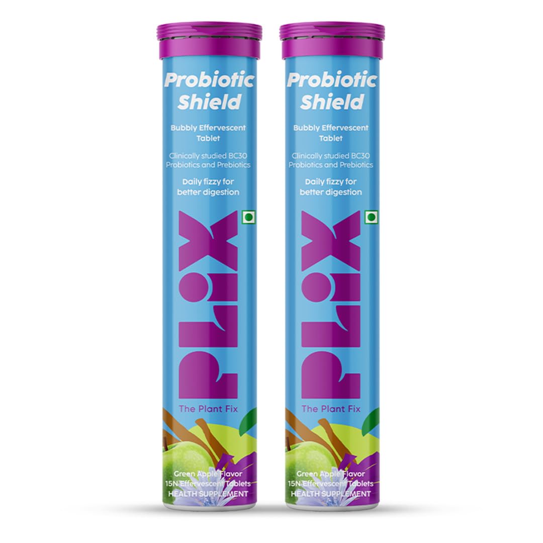 PLIX - THE PLANT FIX Probiotic Shield Pre+Probiotic 30 Effervescent Tablets For Good Gut, Digestion, Metabolism With 20 Billion CFUs, Vital Probiotic Strains, Pack of 2 (Green Apple)