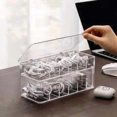 TenSteed Data Cable Organizer Storage Box with Lid Clear Charger Cable Organizer Desktop Accessory Storage Organizer Cable Management Neat with 12 Compartments& 15 Pieces Cable Ties (Double Layer)