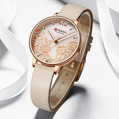 CURREN 9065 Ladies Stainless steel Casual Waterproof Small Dial Pattern Watch leather Band
