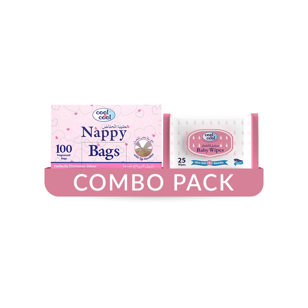 Cool & Cool Nappy Bags 100's- Mildly Scented Diaper Disposable Bags + Baby Wipes 25's - Alcohol Free, Fragrance-Free, Ultra Soft - Combo Pack