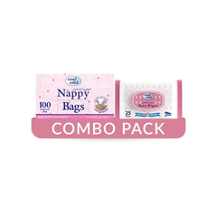Cool & Cool Nappy Bags 100's- Mildly Scented Diaper Disposable Bags + Baby Wipes 25's - Alcohol Free, Fragrance-Free, Ultra Soft - Combo Pack