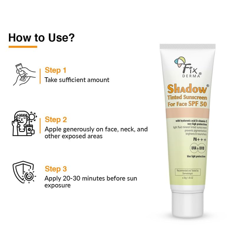 Fixderma Shadow Tinted Sunscreen SPF 50 PA+++ | Sunscreen with Vitamin E | UVA & UVB Protection | For All Skin Types - 30gm