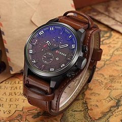 CURREN 8225 Leather Round Analog-Chrono with Date Display Watch for Men - Brown