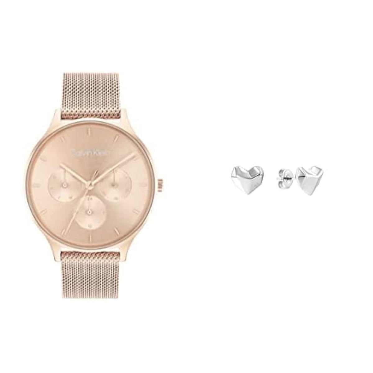 Calvin Klein Timeless Mesh Mf Women's Light Carnation Gold Dial, Ionic Plated Carnation Gold Steel Watch + Calvin Klein Faceted Heart, Women's Stud Earrings