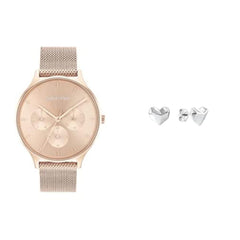 Calvin Klein Timeless Mesh Mf Women's Light Carnation Gold Dial, Ionic Plated Carnation Gold Steel Watch + Calvin Klein Faceted Heart, Women's Stud Earrings