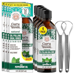 GuruNanda Starter Pulling Oil Mouthwash for Natural Teeth Whitening, Coconut and Peppermint Oil for Fresh Breath & Happy Gums, with Toothbrush & Tongue Scraper, Alcohol-Free, 8 Oz