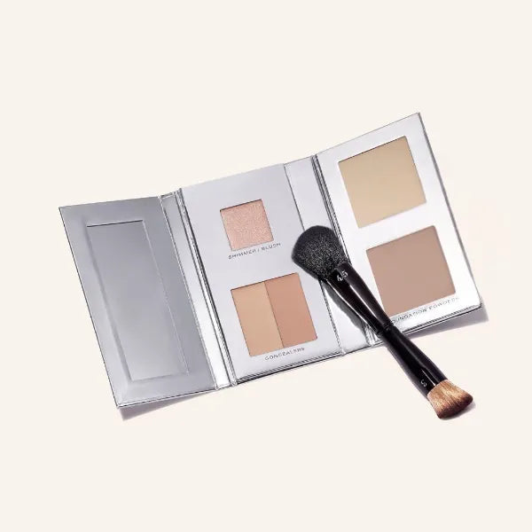 Woosh Beauty, The Fold Out Complexion Palette w/Secret Brush, Travel All in One Neutral Cream & Powder Kit, 4 in 1 Nested Makeup Brush (#1 Light)