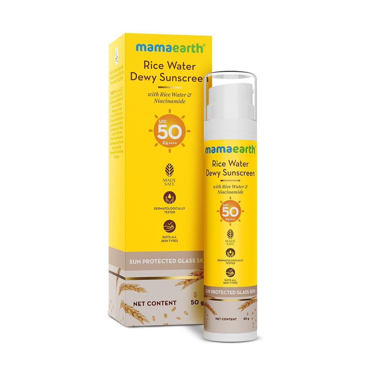 MAMAEARTH Rice Water Dewy Sunscreen SPF 50, broad spectrum UVA/UVB protection, Glass Skin Glow, Evens Skin - 50 g