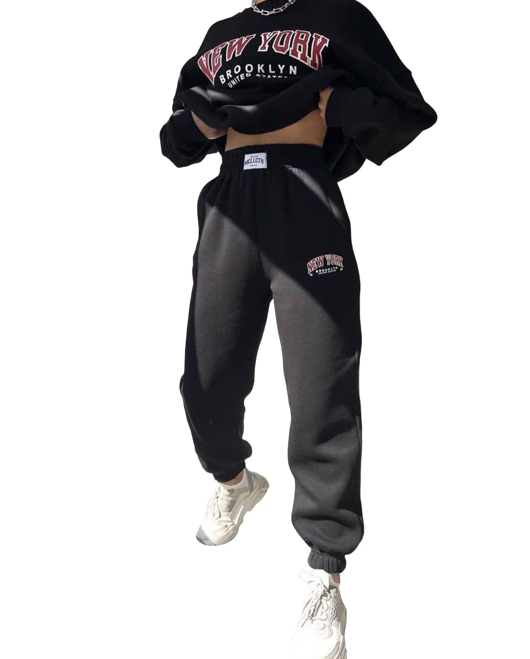 SHEKINI Women's Two Piece Tracksuit Sweatsuit Outfit Letter Print Leisure Suits Ladies Warm Outfit Full Set Long Sleeve Pullover Jogger Sweatpants - Black