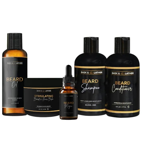 BASK & LATHER Co. Healthy Men’s Hair & Beard Care Kit – Hair Growth Routine Set with Beard Oil, Shampoo, Conditioner & Scalp Moisture System for All Hair & Beard Types
