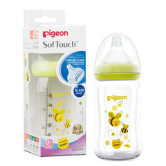 Pigeon Softouch Peristaltic Plus Wide Neck Nursing Glass Bottle, Decorated, 100% Silicone Nipple, Bpa & Bps Free,160ml, Multi Colour