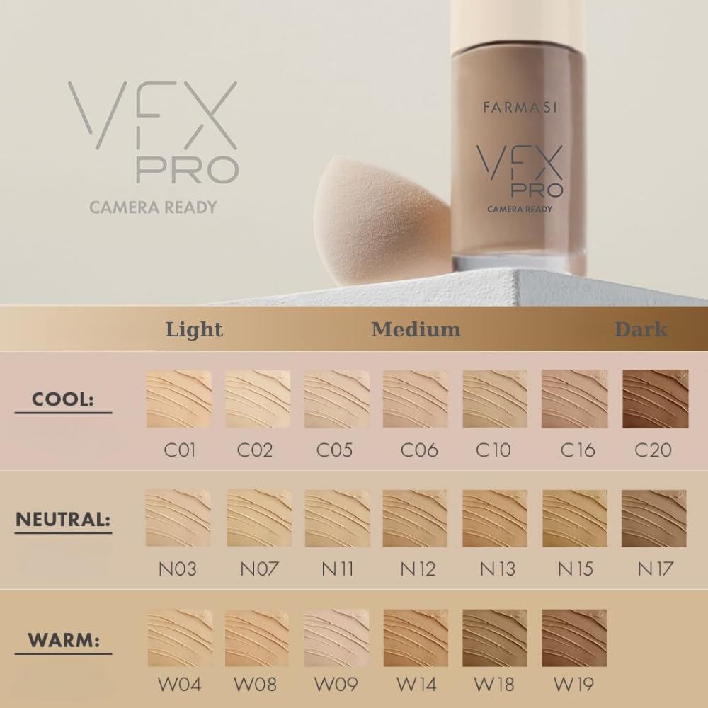 FARMASi Vfx Pro Foundation, Full Coverage Liquid Cream, Lightweight Long Lasting Coverage, Breathable Skin Moisturizer with Color True Matte Blending, Face Makeup, 1 fl. oz / 30 ml - Cool Medium 06