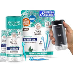 GuruNanda On-the-go Oral Trio Bundle – Compact Water Flosser, 70ct Disposable Toothbrushes & 7 Oil Pulling Sachets for Fresh, Clean Smiles on the Go