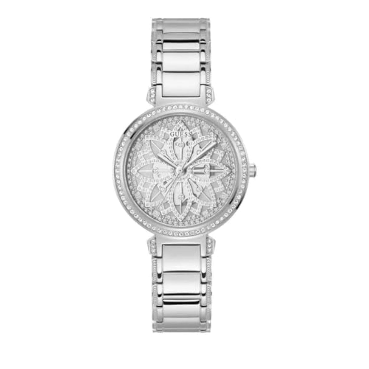 GUESS US Women's Silver-Tone Floral Cut-Through Analog Watch