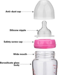 Fissman Baby Feeding Glass Bottle, Light and Slim Bottle Easy to Hold, Food Grade Borosilicate Glass, Wide Neck, Dishwasher And Easy to Clean, BPA Free 260ml (Pink)