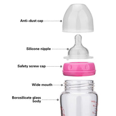 Fissman Baby Feeding Glass Bottle, Light and Slim Bottle Easy to Hold, Food Grade Borosilicate Glass, Wide Neck, Dishwasher And Easy to Clean, BPA Free 260ml (Pink)