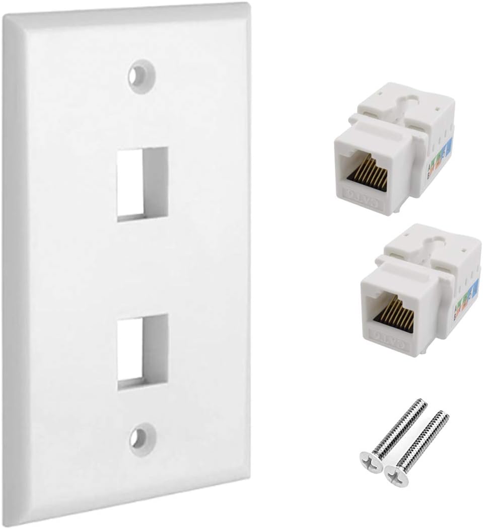 CAT.6 RJ45 Ethernet Wall Plate, 1-Pack Cat6 Network Keystone Jack Inline Coupler Faceplate with RJ45 Module Connector Compatible with Cat7/6/6e/5/5e Devices (2 Port)